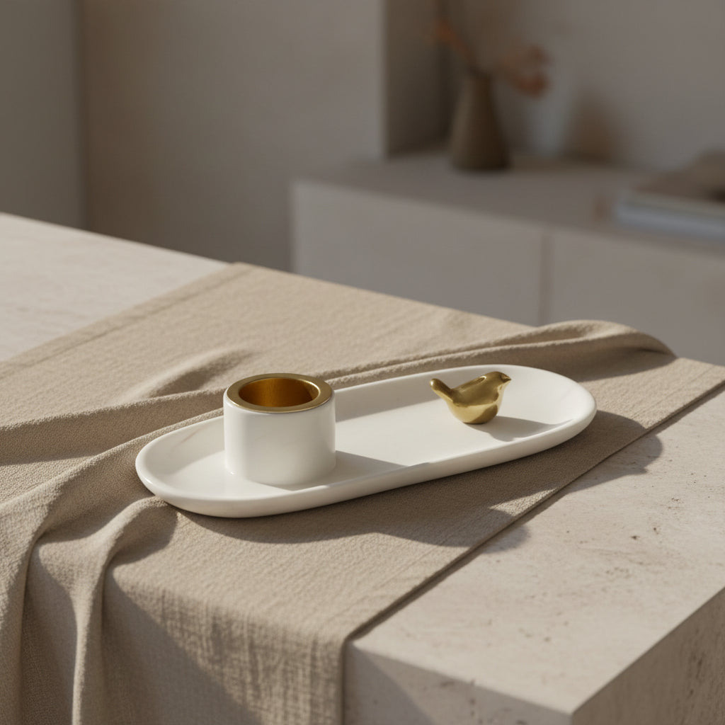 Kandelaar | Keramiek | Vogeltje | Wit-Goud