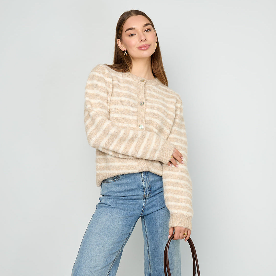 Gebreid vest | Streep | Beige - Off White