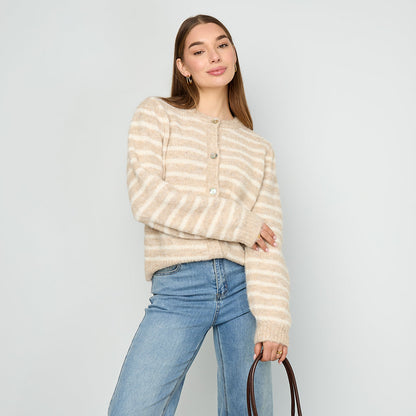 Gebreid vest | Streep | Beige - Off White