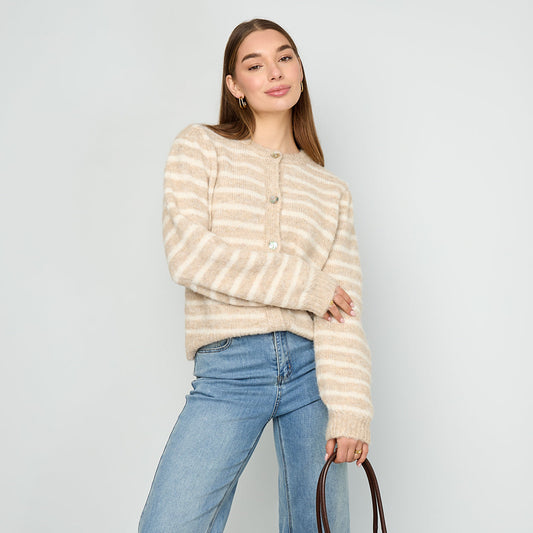 Gebreid vest | Streep | Beige - Off White