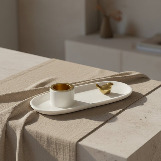 Kandelaar | Keramiek | Vogeltje | Wit-Goud