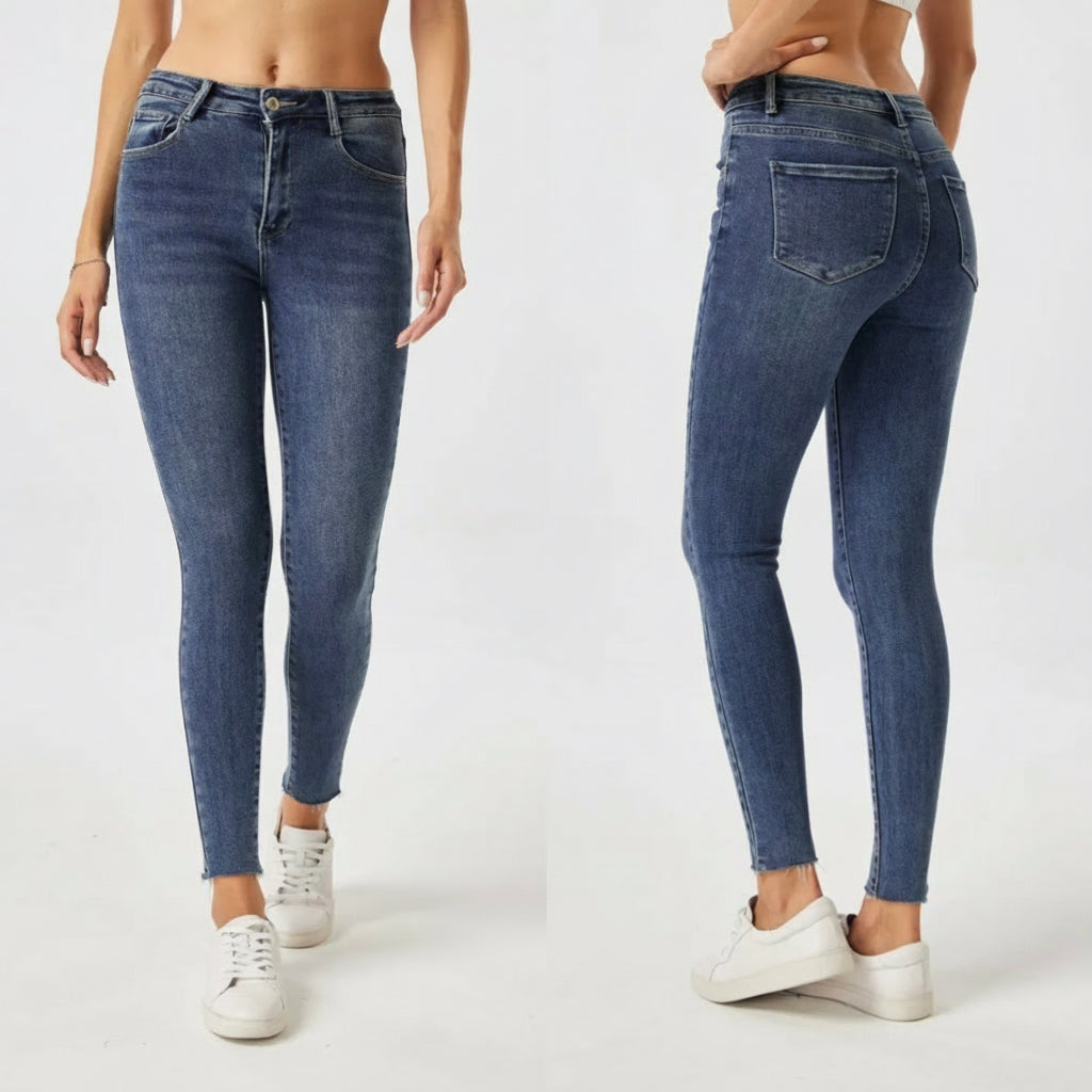 Classic Blue Skinny Jeans High Waist Afgeknipt Detail T50051
