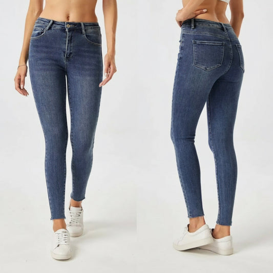 Classic Blue Skinny Jeans High Waist Afgeknipt Detail T50051