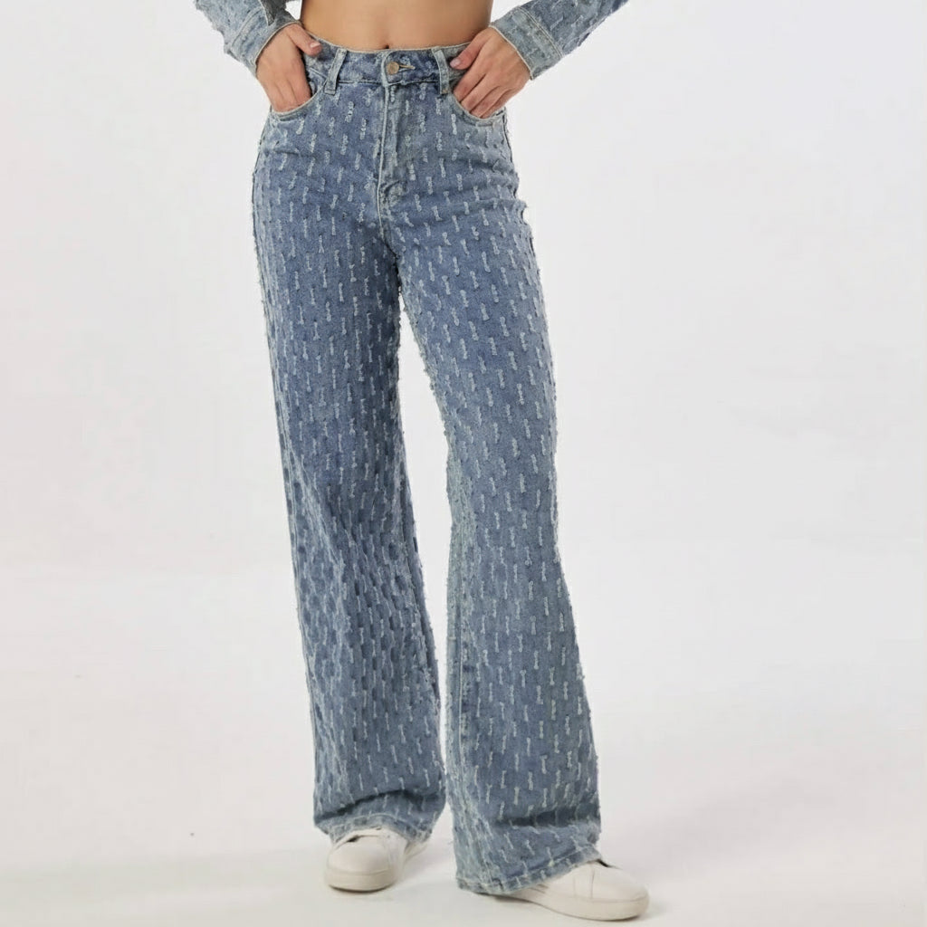 Gestructureerde Wide Leg Jeans High Waist Vintage Blue T6330-1