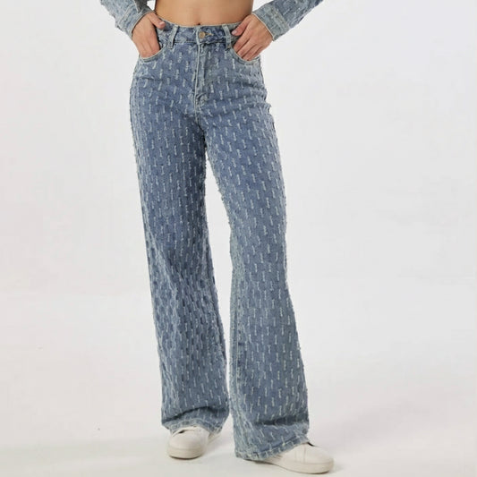 Gestructureerde Wide Leg Jeans High Waist Vintage Blue T6330-1