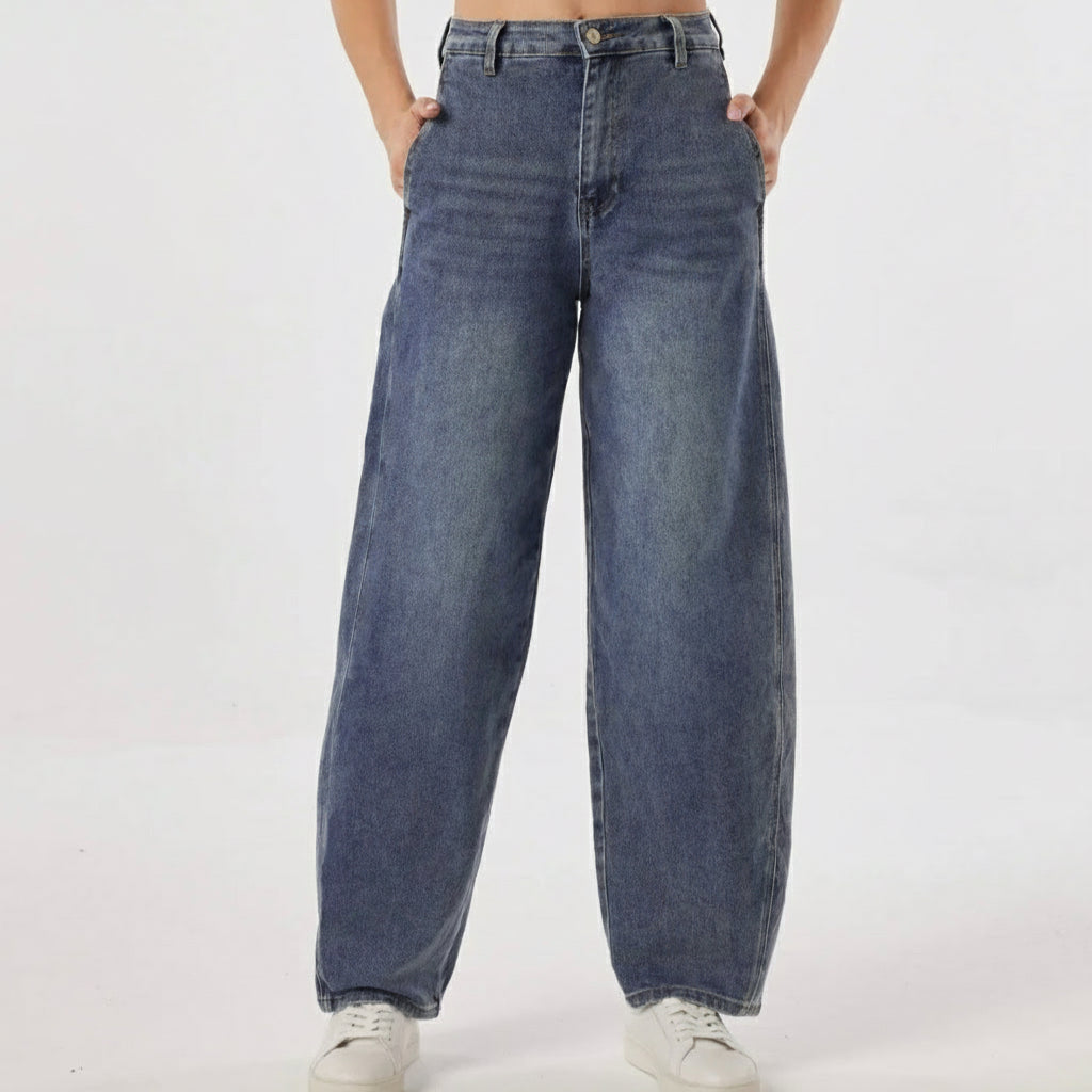 Barrel Balloon Jeans Vintage Blue Wide Leg High Waist  T6027