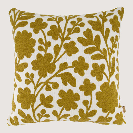 Kussen Bloemen Embroidery 45 x 45 cm Wit Oker