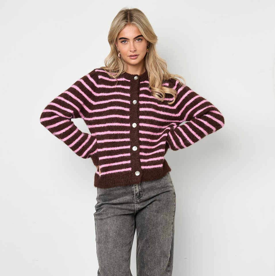 Gebreid vest Strepen | Bruin - Roze