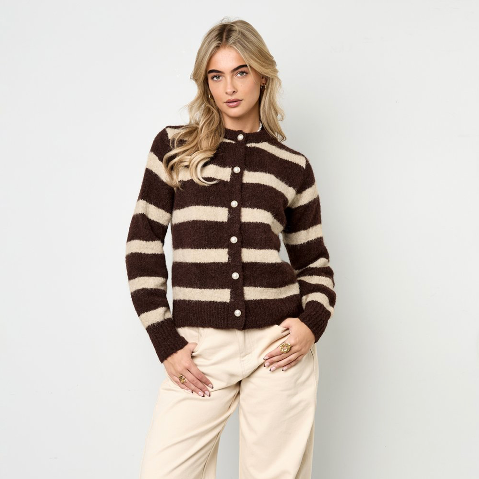 Gebreid vest Brede Strepen | Parel knopen | Bruin - Beige