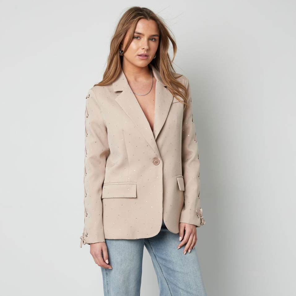 Blazer met steentjes en vetermouwen | Beige