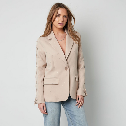 Blazer met steentjes en vetermouwen | Beige