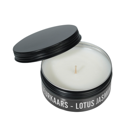 MIJN STIJL | Geurkaars Sojawax | Blikje zwart | Lotus Jasmijn