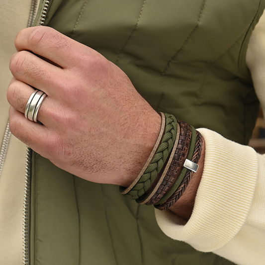 Qoss | Heren armband | Levi | Leer - Paracord | Groen - Taupe