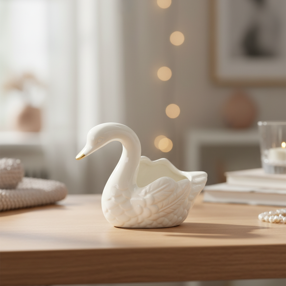Waxinelichthouder | Keramiek | Zwaan | Wit-Goud