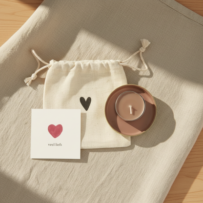 Waxinelichthouder | Metaal in zakje | Veel liefs