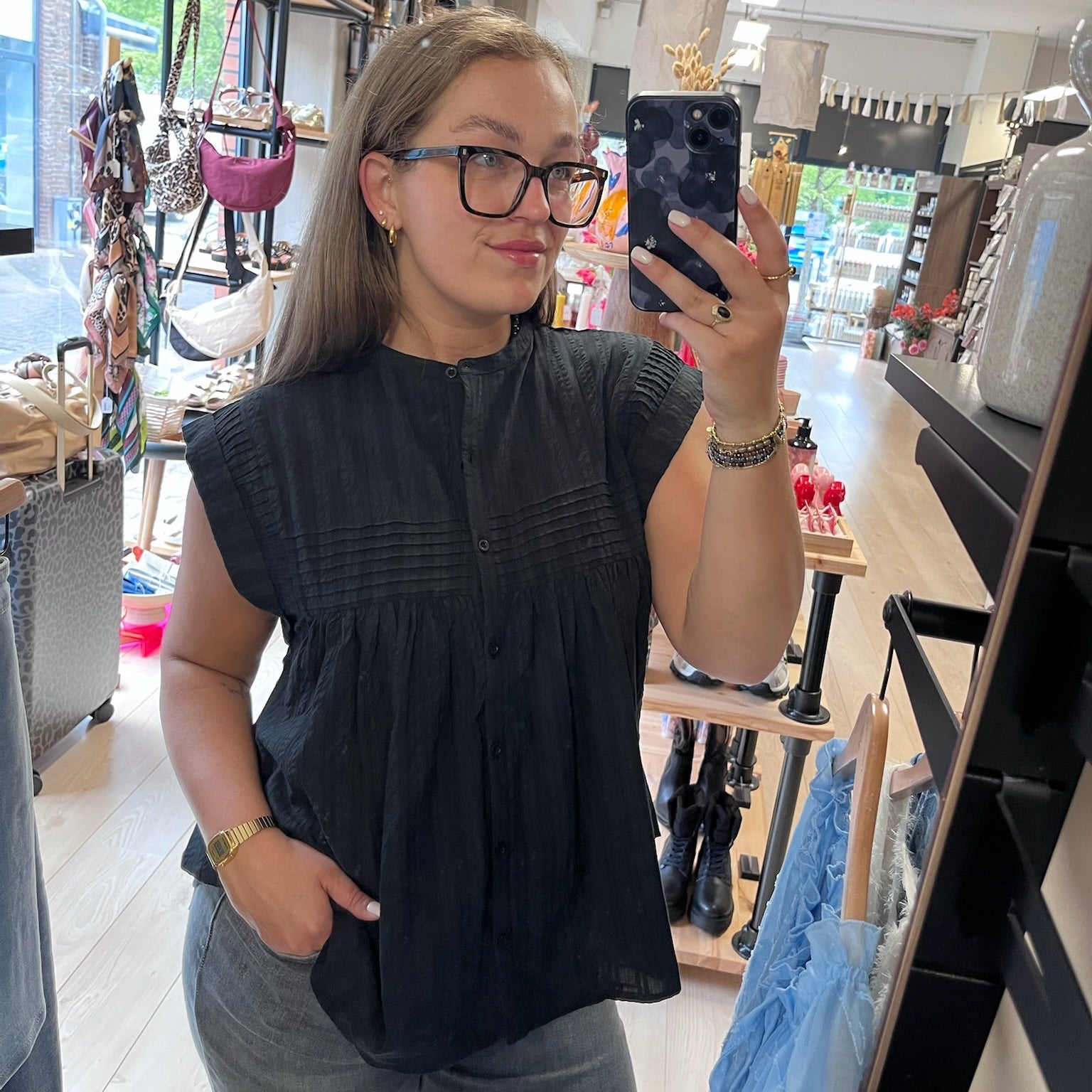 Voile blouse met structuur zwart 